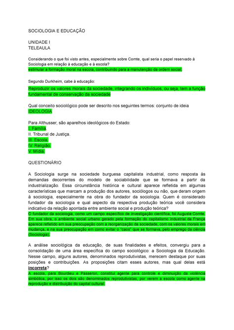 Sociologia E Educação Questionários preparatórios da disciplina