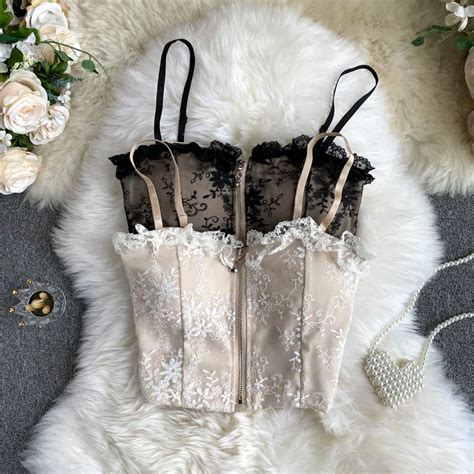 Camisole Sexy En Dentelle Pour Femmes Haut Court Dos Nu Mignon élégant Chic Français