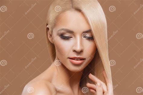 Portrait Of Beautiful Blonde Long Hair Girl With Closed Eyes Stock