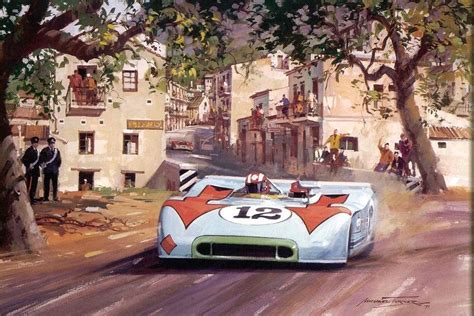 A Painting Of A Race Car Driving Down The Road In Front Of Some