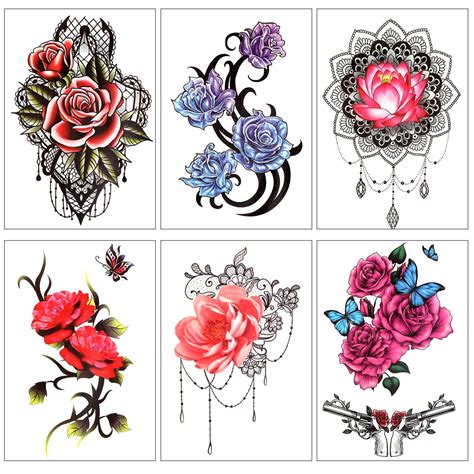 Qpout 15 Sheets Flower Temporary Tattoos For Women Rose Skull