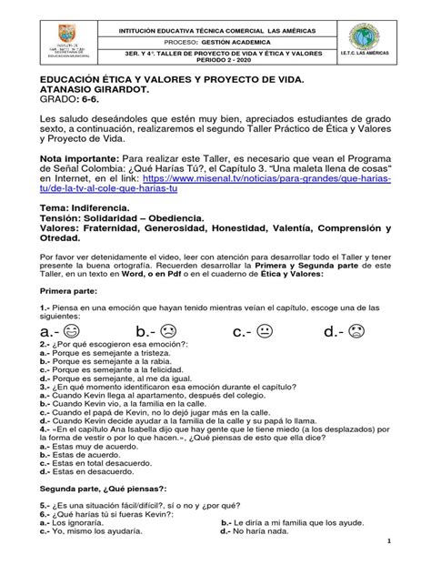 Taller No 3 Y No4 De Ética Y Valores Proyecto De Vida Grado 6 6 Pdf