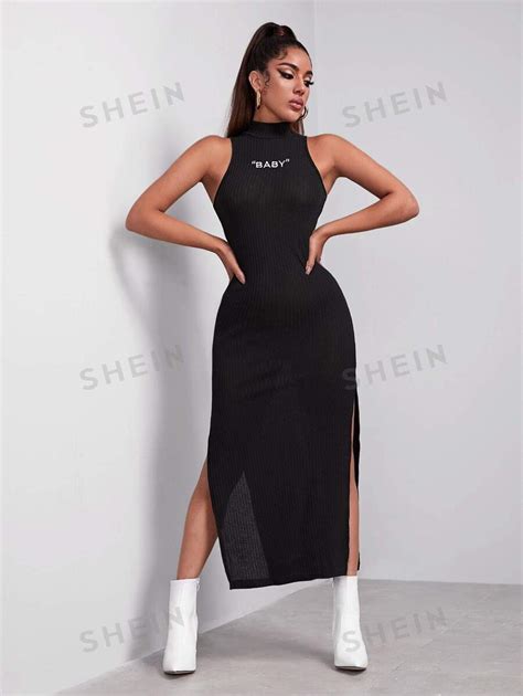 Shein Ezwear Letter Embroidered Rib Knit Split Thigh Dress Shein Uk