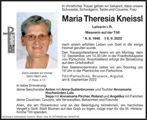 Traueranzeigen Von Maria Theresia Kneissl Trauer Bz