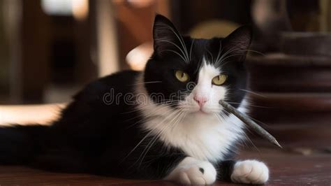 A Black And White Tuxedo Cat Playing With A Feather Wand Created With