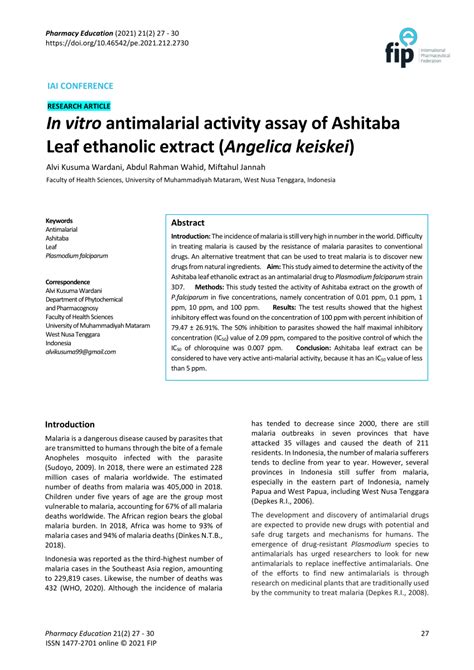 Pdf In Vitro Antimalarial Activity Assay Of Ashitaba Leaf Ethanolic