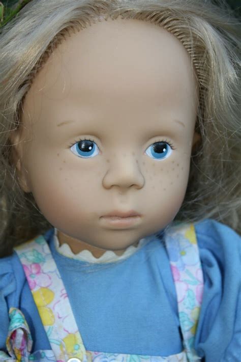 Early Blonde Doll In Blue Dress With Apron Blue Eyes And Long Blonde Hair Freckles Notice