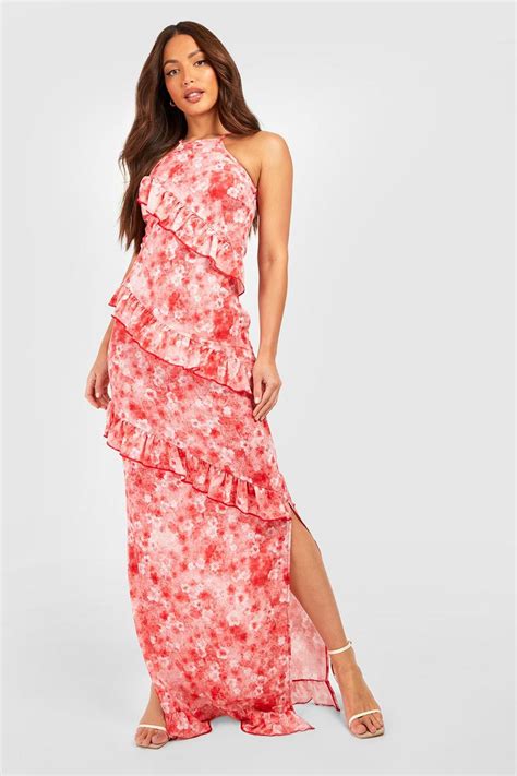 Tall Blurred Ditsy Floral Halter Neck Ruffle Maxi Dress Boohoo