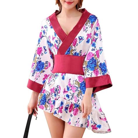 Womens Sexy Kimono Lingerie Pink Blossom Pattern Mini Kimono Dress