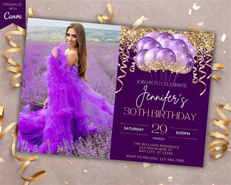 Editable Photo Purple Gold Glitter Balloons Birthday Party Invitation