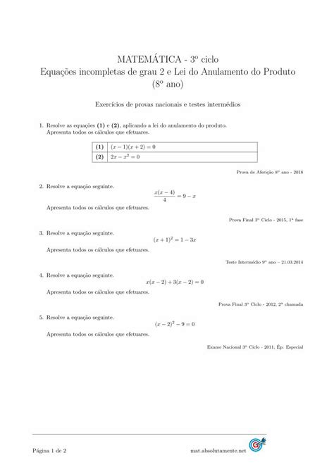 PDF Equações incompletas de grau 2 e Lei do Anulamento do Prova