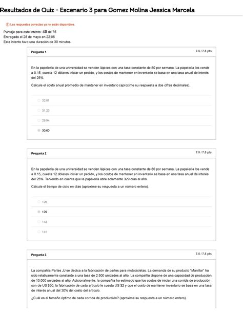 Historial de exámenes para Quiz Escenario 32 Resultados de Quiz