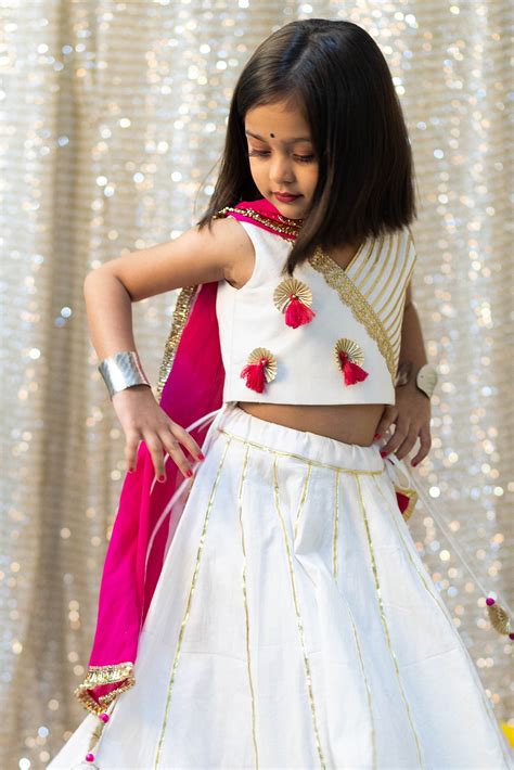 white rani pink cotton lace embroidered lehenga set  girls
