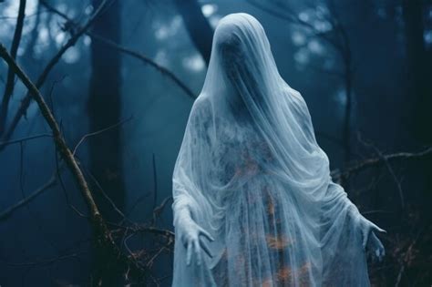 Premium Photo A Ghostly Woman In A White Dress Standing In The Woods