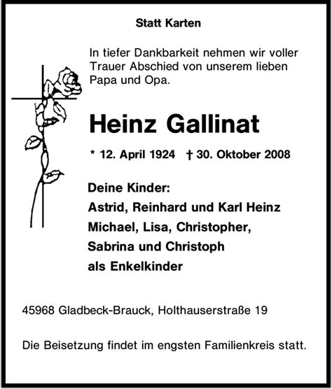 Traueranzeigen Von Heinz Gallinat Trauer In Nrw De