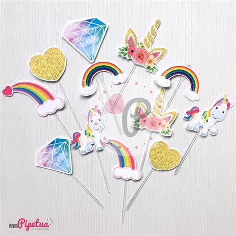 Toppers Para Cupcakes Pinchos Unicornio Adorno Arcoiris En Venta En