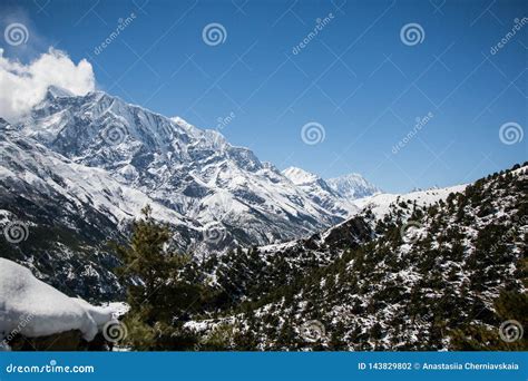 On The Annapurna Circuit Trekking Trail Between Upper Pisang Village