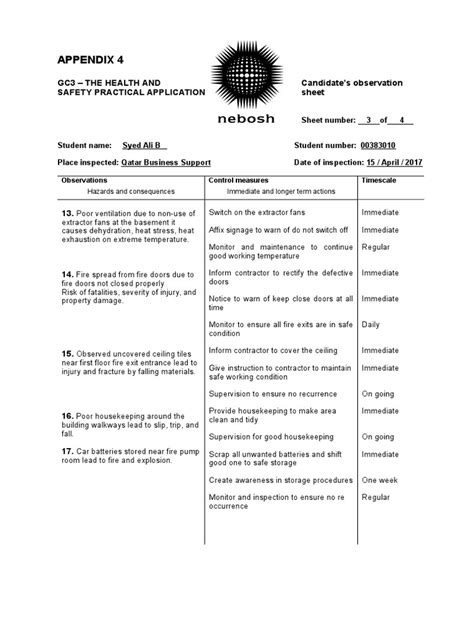 Appendix 4 Candidates Observation Sheet 3 Pdf Prevention Safety