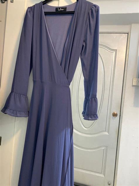 Lulus Super Pretty Greyish Blue Princess Bell Sleeve Wrap Maxi Dress