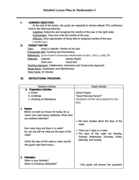 Detailed Lesson Plan Demo Detailed Lesson Plan In Mathematics I I