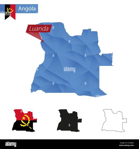 Angola Blue Low Poly Map With Capital Luanda Versions With Flag Black