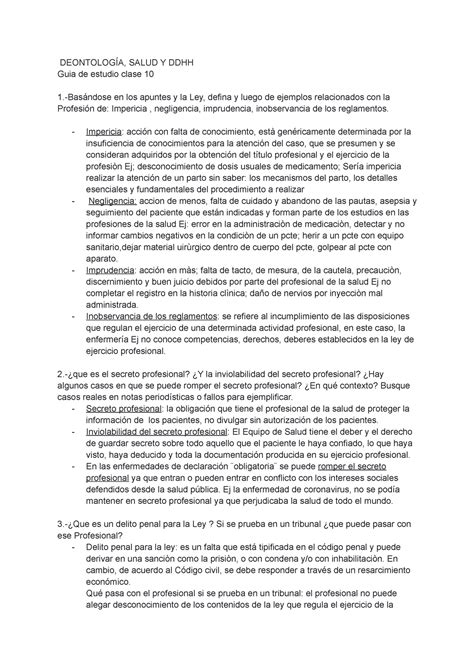 Guia de estudios DEONTOLOGÍA SALUD Y DDHH Guia de estudio clase 10 1