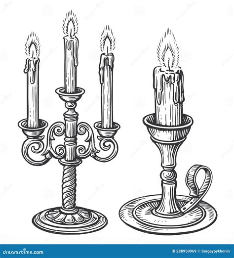 Candle On Candlestick Burning In Vintage Engraving Style Candelabrum