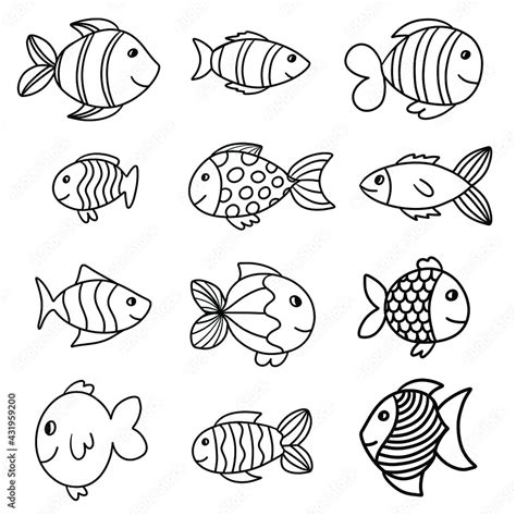 Black and White Outline of Cartoon Fish Stock Vector | Adobe Stock