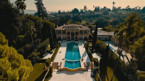 Aerial View Of A Large Mansion With A Swimming Pool Generative Ai