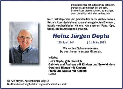 Traueranzeigen von Heinz Jürgen Depta rz trauer de