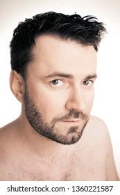 Serious Brunette Man Beard Naked Shoulders Stock Photo Shutterstock