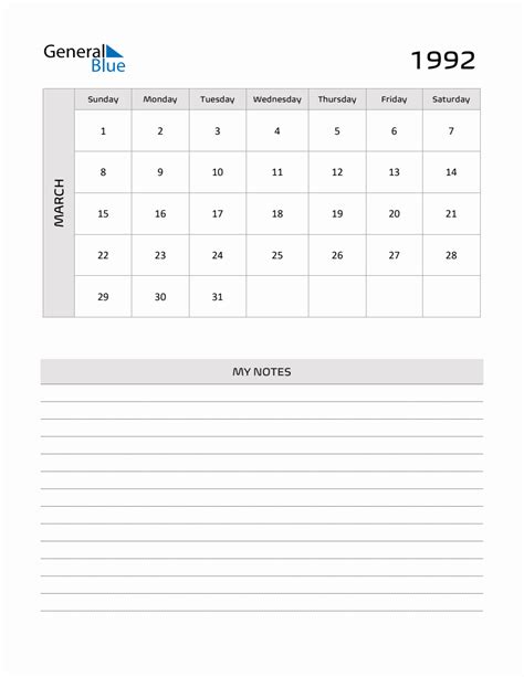 March 1992 Printable Monthly Calendar With Notes