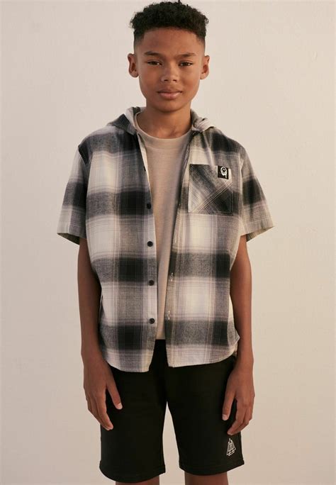 Next Short Sleeve Hooded Shirt Overhemd Black White Check Zwart