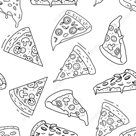 Monochrome Seamless Pizza Doodle Pattern Vector Sketch In Outline Style