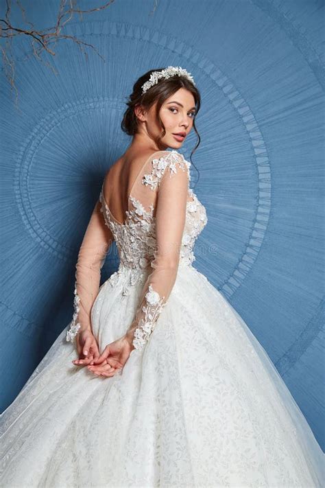 Beautiful Brunette Woman Pretty Bride Wedding Big Day Marriage Ceremony In Summer Garden Wearing