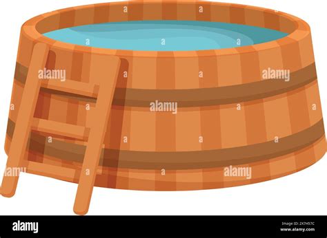 Cartoon Illustration Of A Round Wooden Hot Tub With Steps Isolated On A White Background Stock