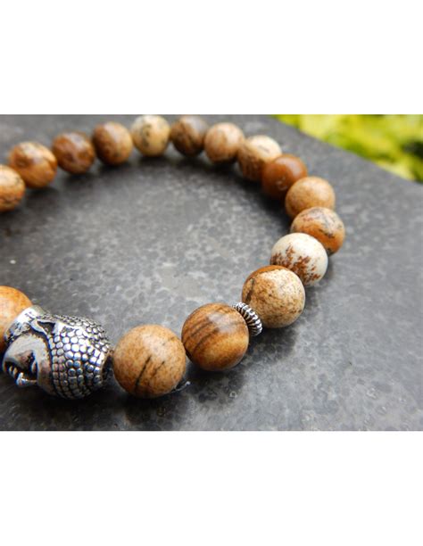 Bracelet Homme Jaspe Paysage Perles Beige Mm Et Sa Perle Bouddha