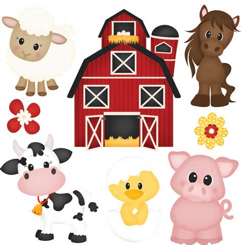 A charming clipart featuring a variety of farm animals and a red barn
