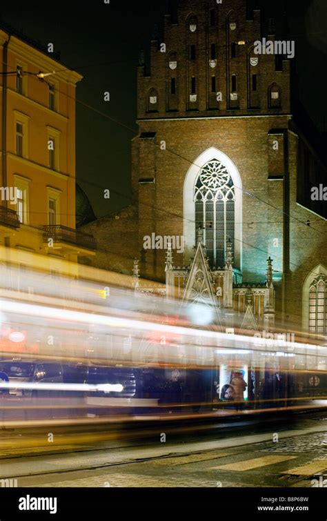 Tram at night. Krakow Old Town, Poland Stock Photo - Alamy