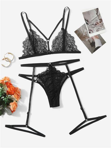 Floral Lace Cut Out Garter Lingerie Set Shein Usa