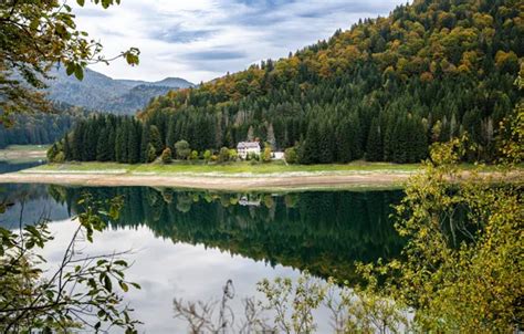 Wallpaper Autumn Forest Mountains Lake House Reflection Shore