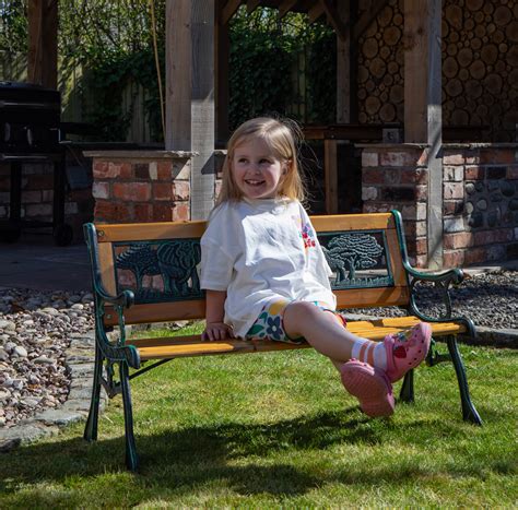 Kids 2 Seater Wooden & Cast Iron Garden Patio Childrens Bench with Ani