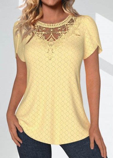 Light Yellow Lace Short Sleeve Round Neck T Shirt Modlily Usd