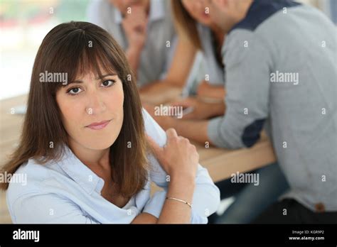 Portrait Of Brunette Girl In Office Stock Photo Alamy