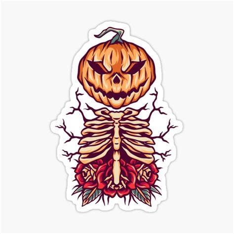 Pumpkin Skull And Roses Retro Illustration Sticker For Sale By Sabdatinta Redbubble