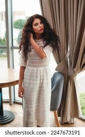 Curly Sexy Brunette Poses Table Cafe Stock Photo 2247673191 Shutterstock