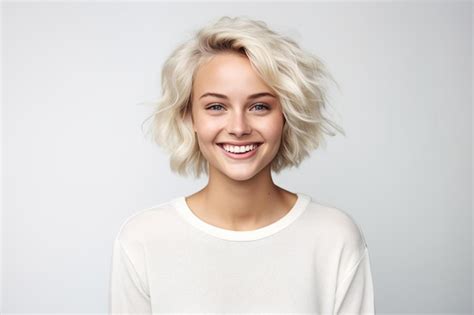 Premium AI Image A Woman With Blonde Hair Smiling With A White Shirt On The Front