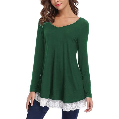 Women Plus Size Cotton Blouse V Neck Long Sleeve Loose Lace Tops Tunic