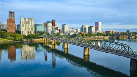 Aerial View of Portland Oregon Skyline with Hawthorne Bridge at Dusk ...