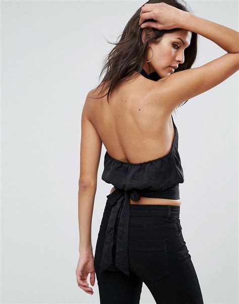 Asos Cropped Wrap Front Halter Top With Tie Back Black Going Out Crop Tops Halter Neck Crop